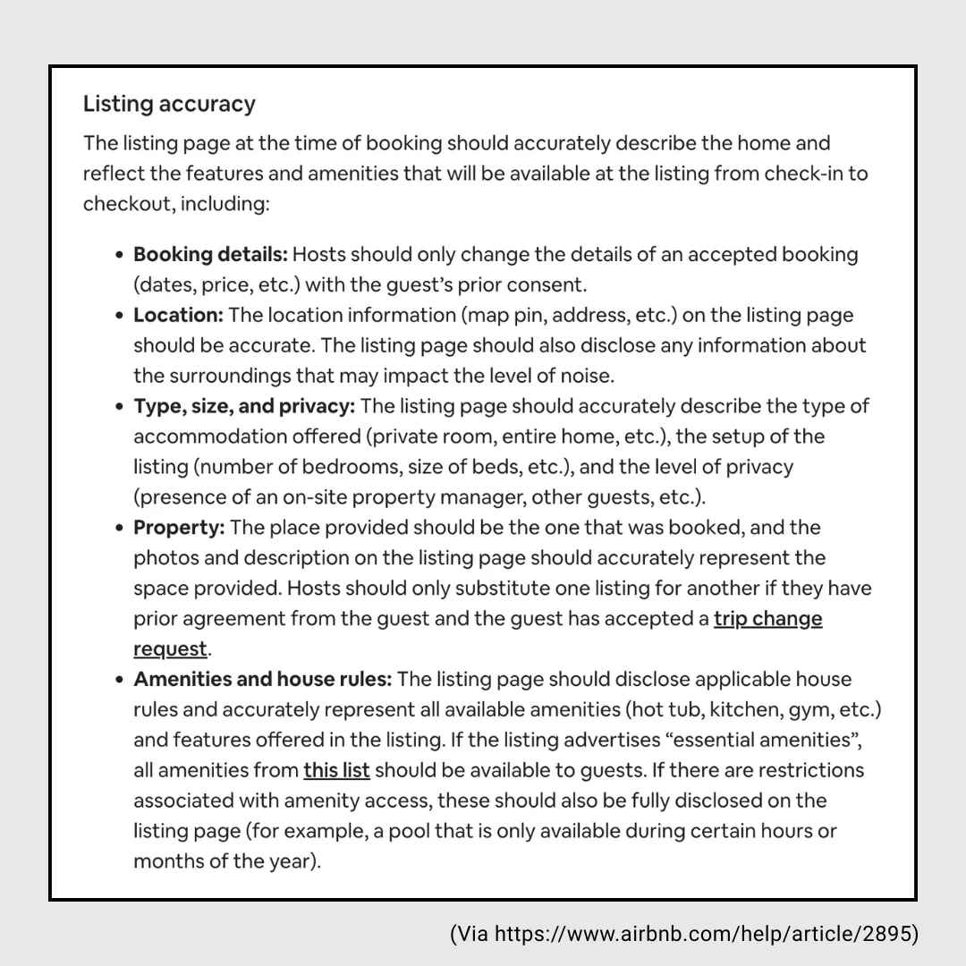 Airbnb guide outlining what hosts must accurately include in listings, like booking details, location, property type, amenities, and house rules.