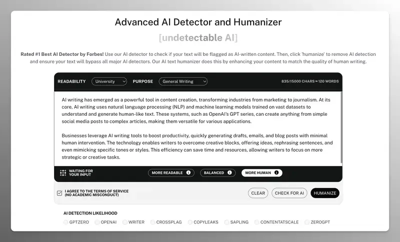 undetectable.ai user interface