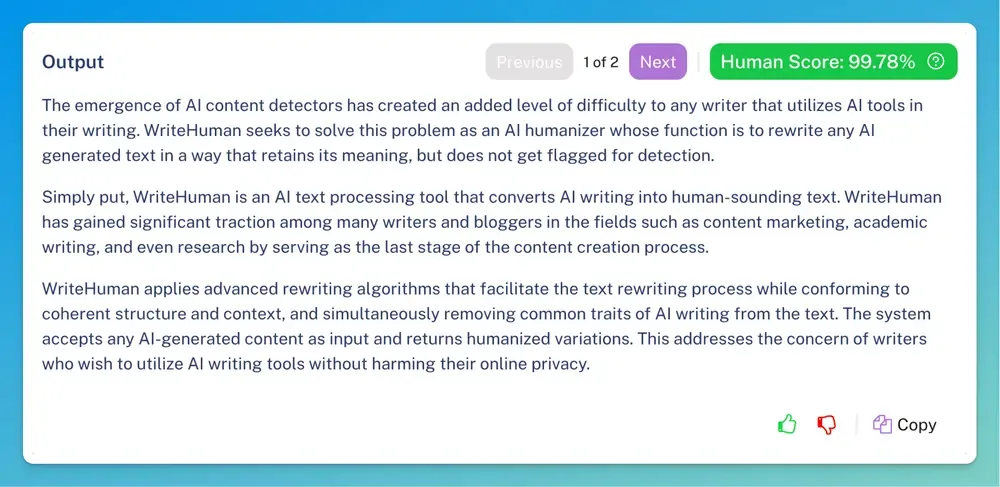 WriteHuman AI Humanizer interface showing output text of intro.