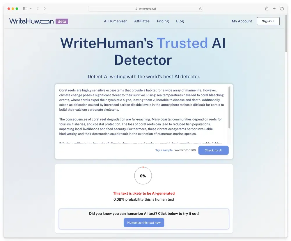 WriteHuman user interface of AI Detector tool.