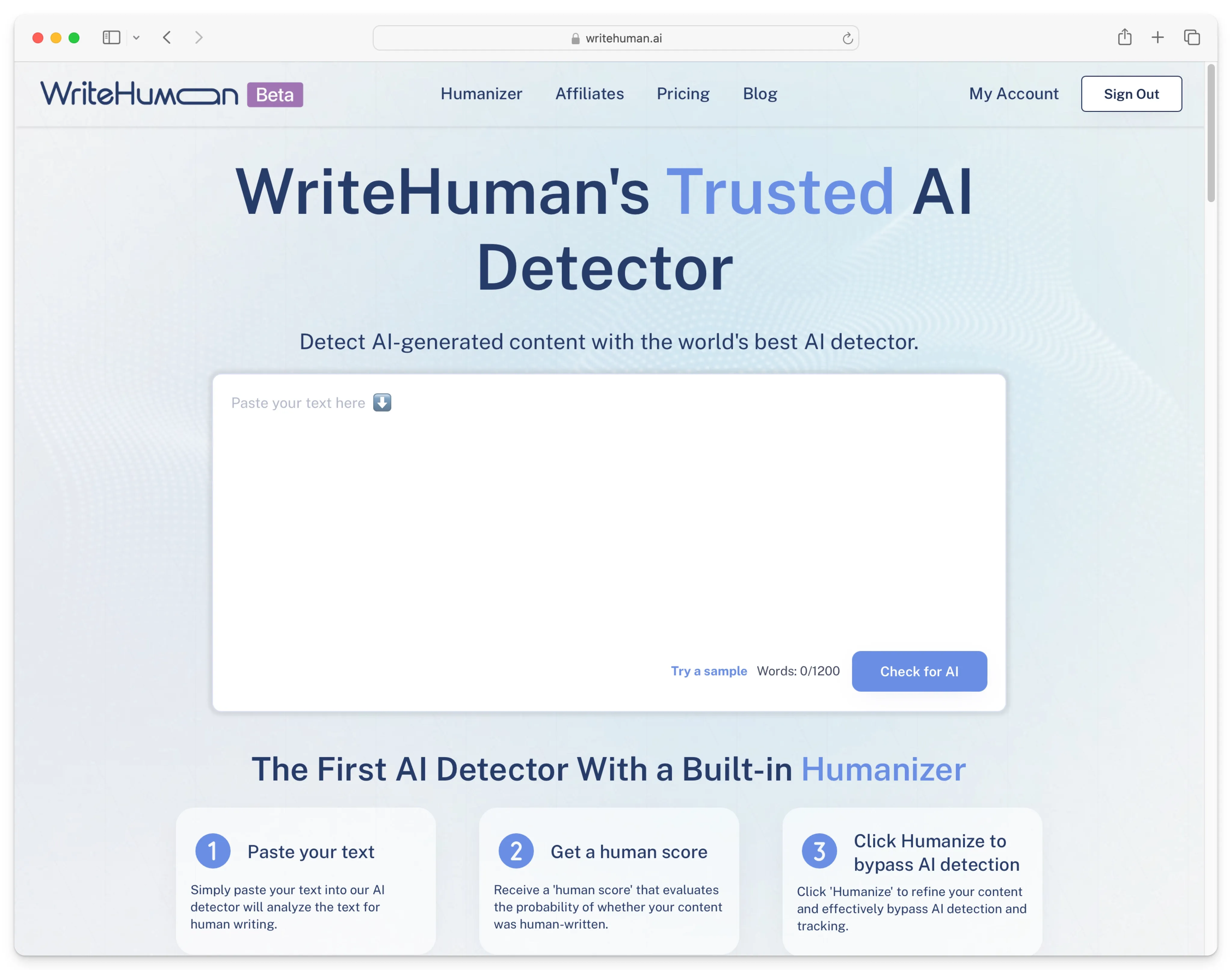 User interface of WriteHuman AI detector tool.