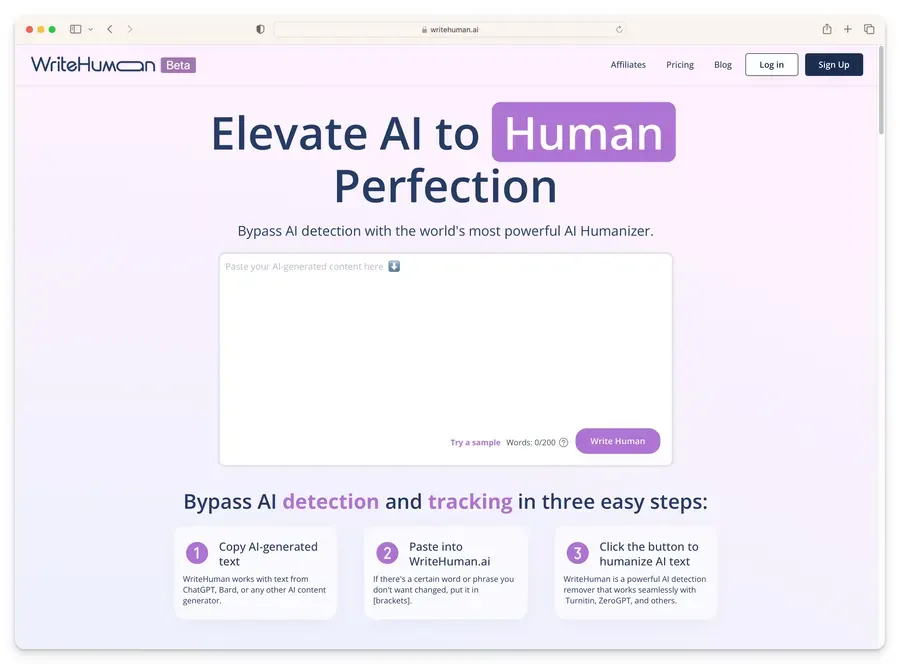 WriteHuman user interface of AI humanizer.