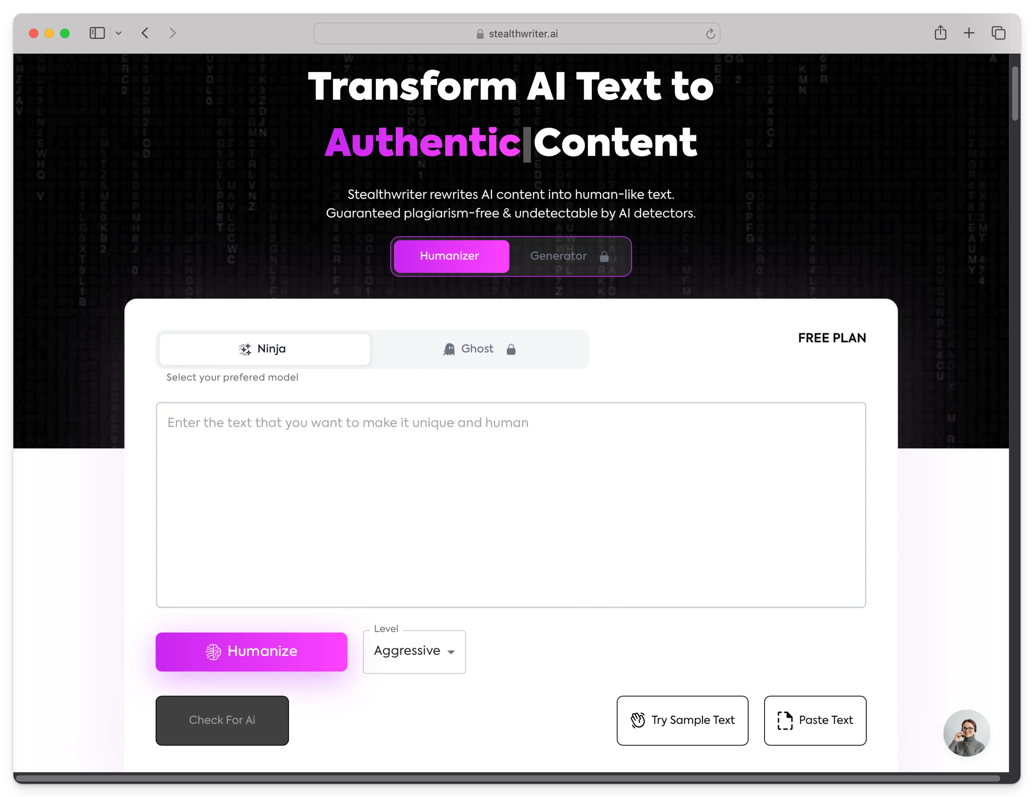 Stealth Writer user interface of homepage.