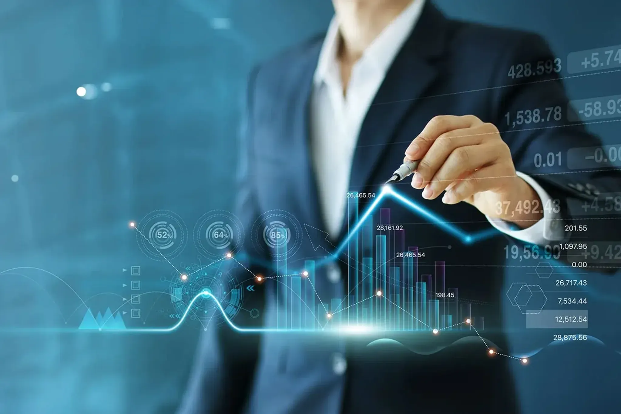 Person drawing an upward data chart with digital analytics overlay.