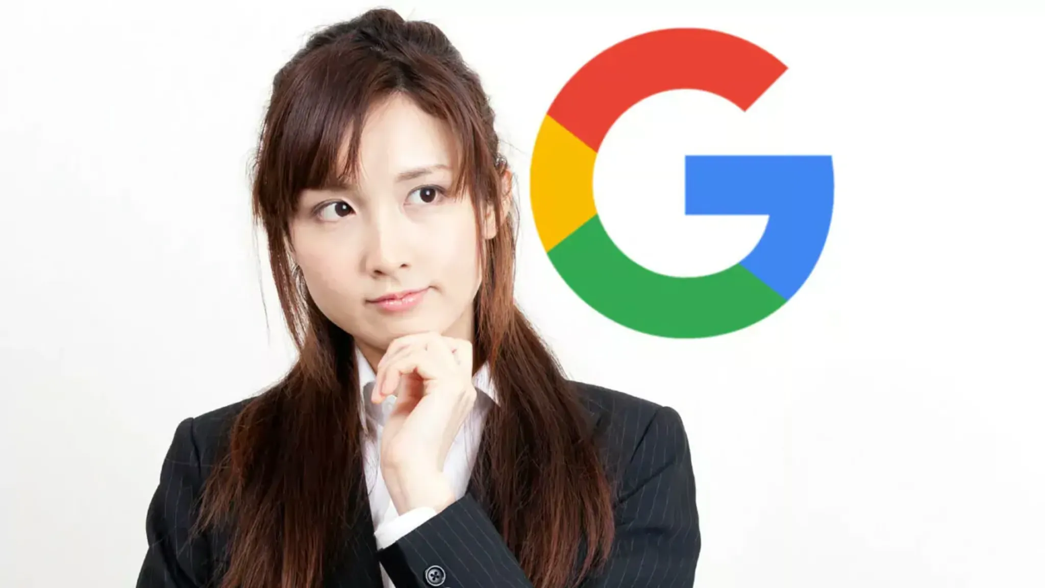 Woman thinking with the Google logo displayed beside her.