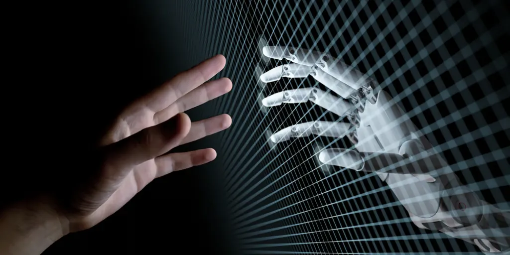Human hand reaching toward a robotic hand through a digital grid interface.