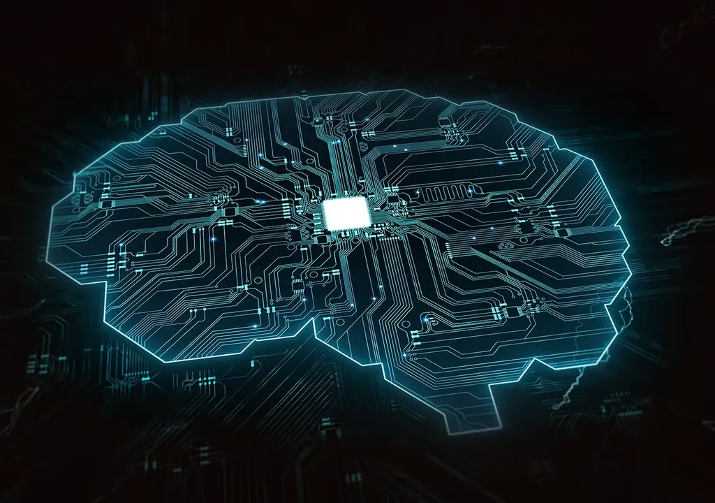 Digital brain made of circuit board pathways with a glowing central processor.