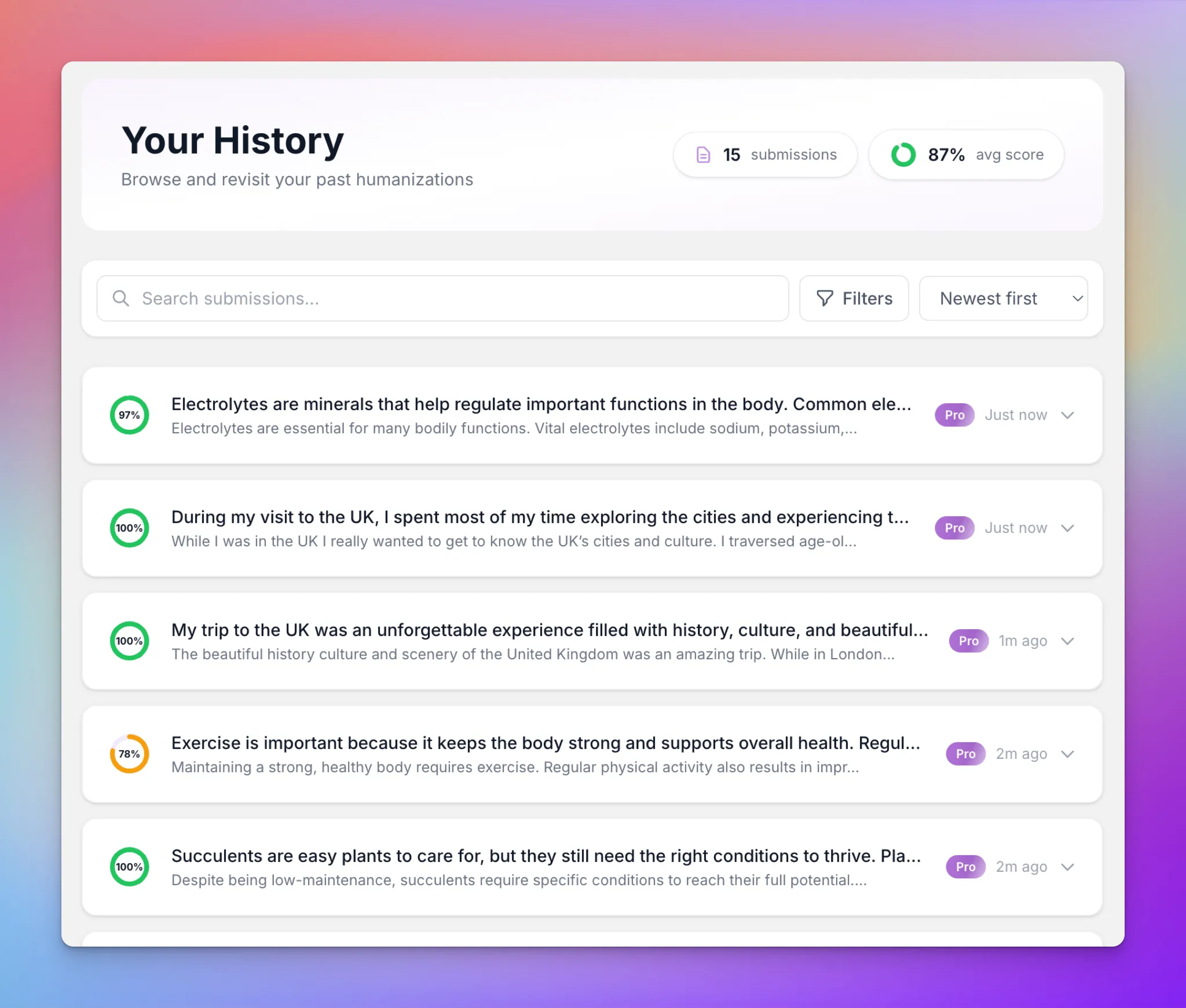 User interface of WriteHuman account history page for recent text humanizations.