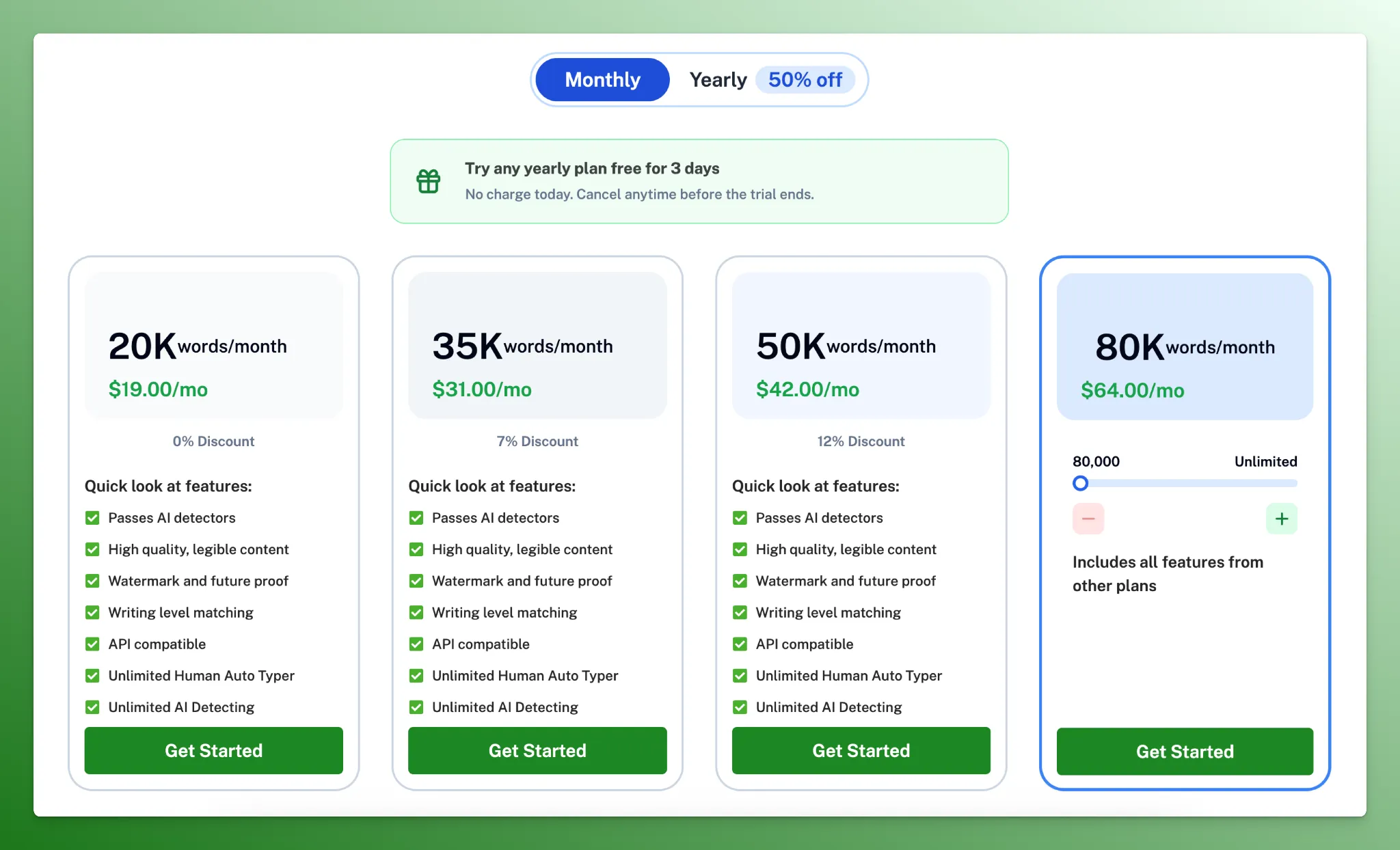 Screenshot of undetectable.ai monthly pricing