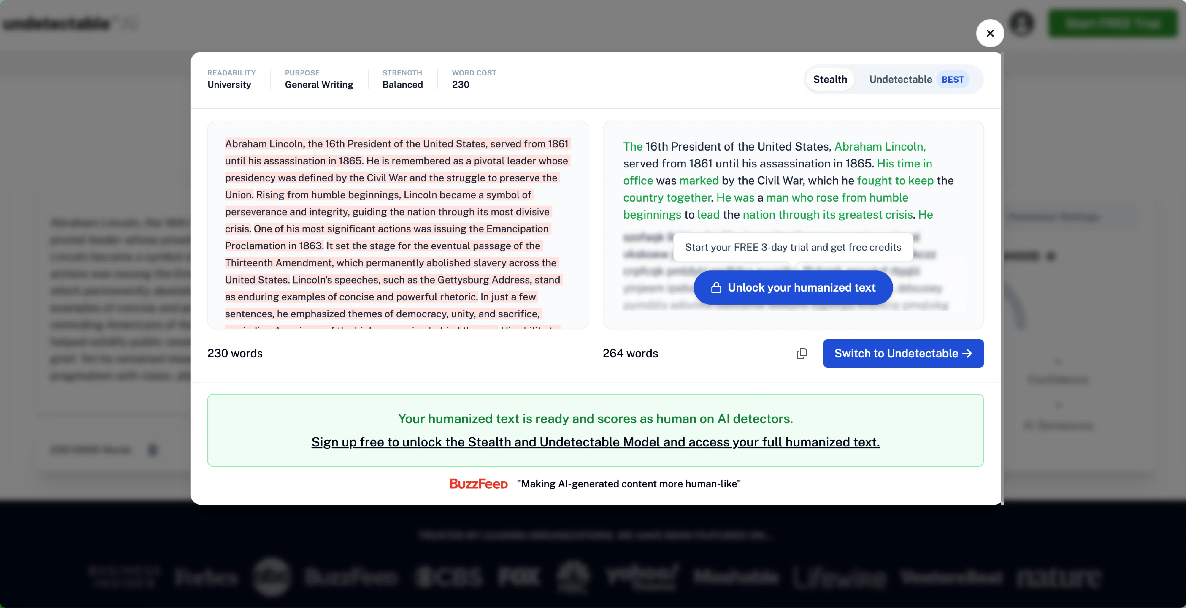 Screenshot of undetectable.ai website interface