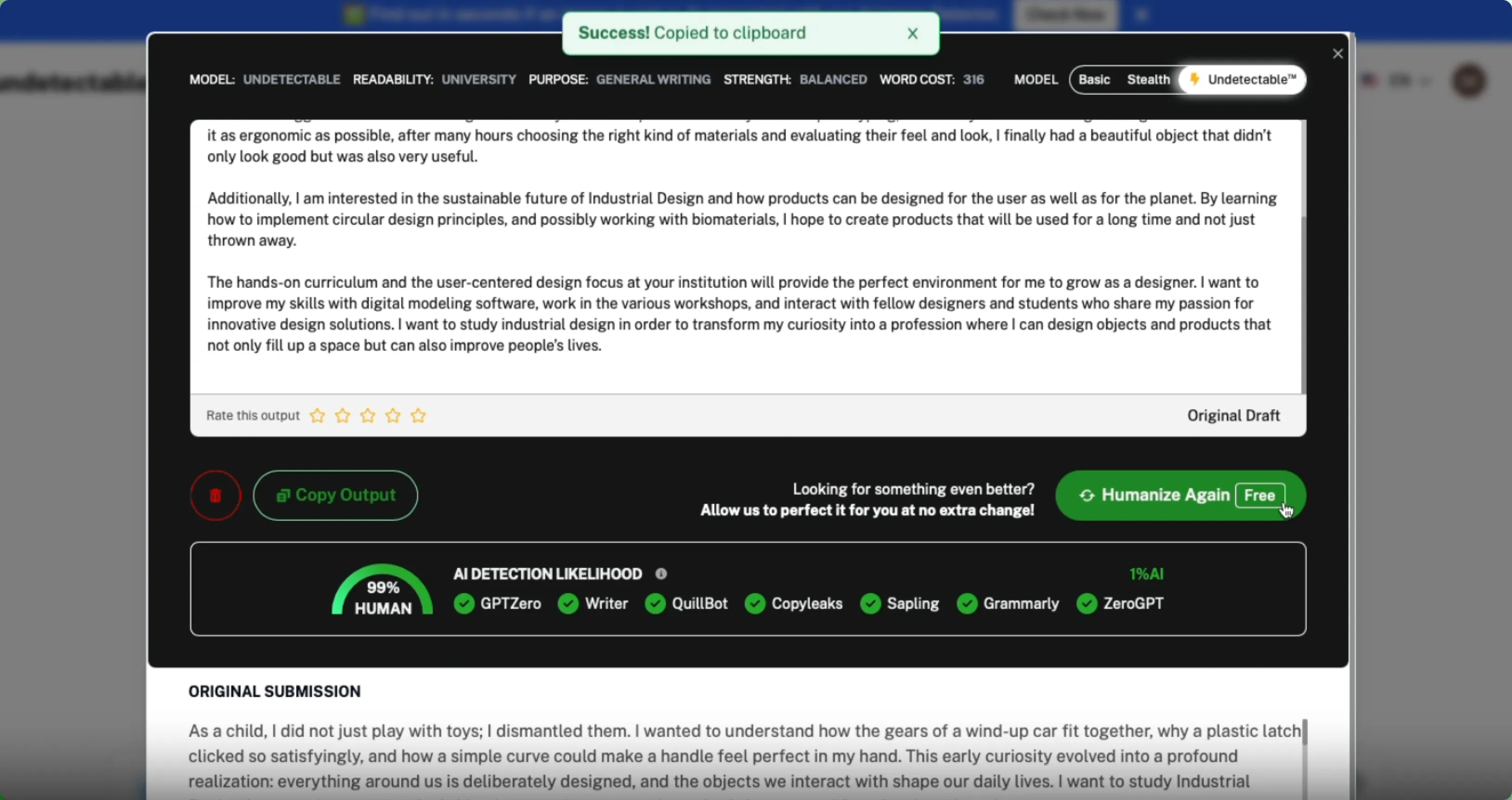 Screenshot of undetectable.ai humanized text output on website interface