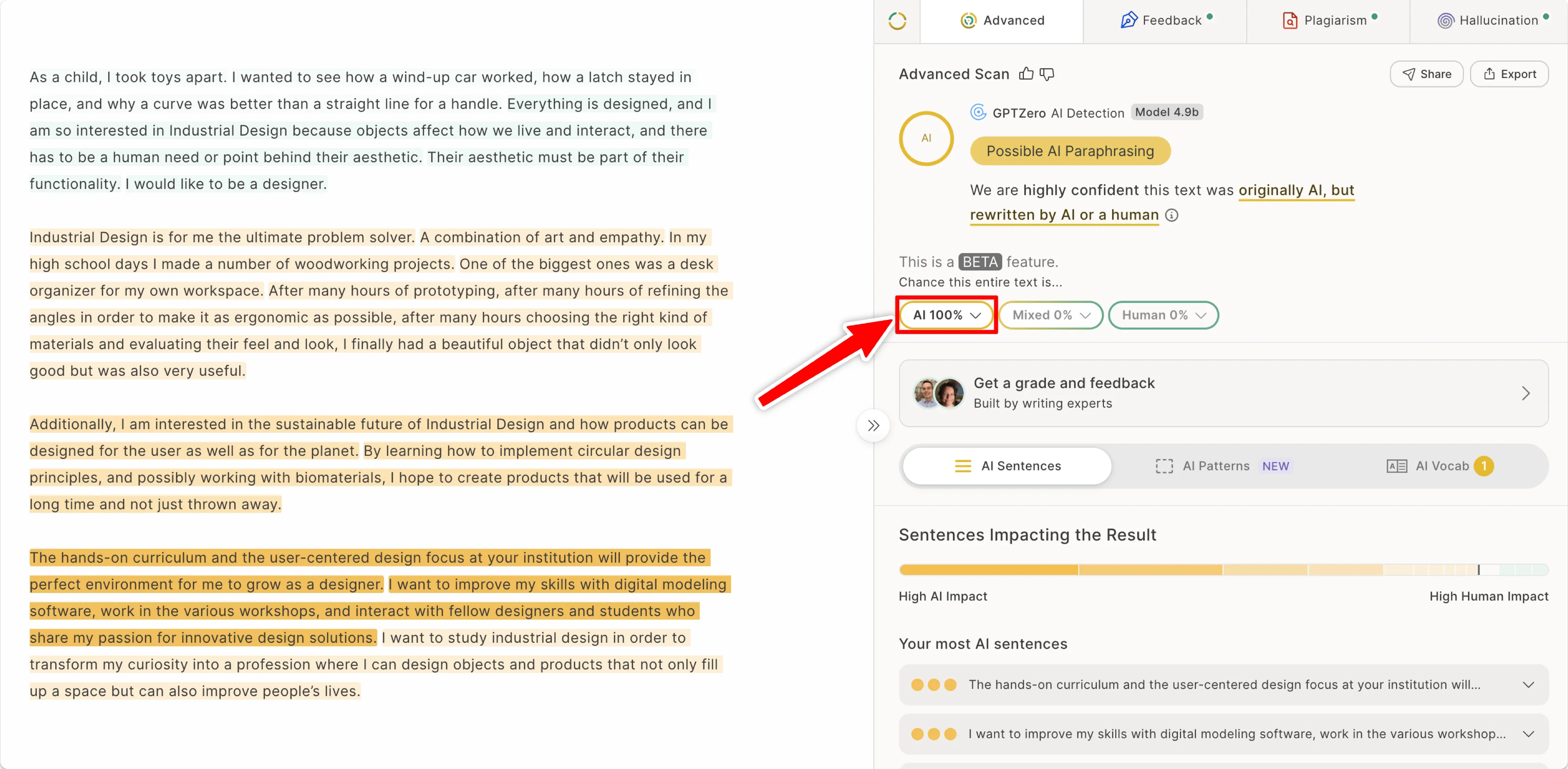 Results of undetectable.ai humanized text output in GPTZero showing 100% AI