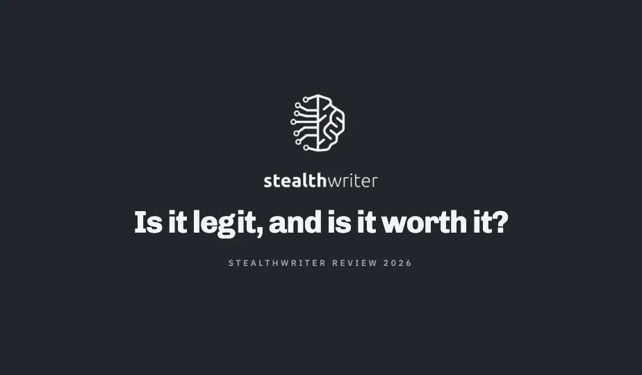The white StealthWriter circuit-brain logo above the headline 'Is it legit, and is it worth it?' with the label 'StealthWriter Review 2026' below, on a dark graphite background.