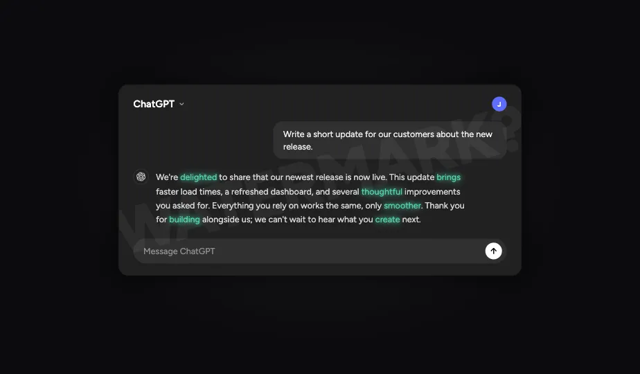 ChatGPT watermark concept: a dark ChatGPT interface where certain words in the AI text glow green, showing how a hidden text watermark would work.