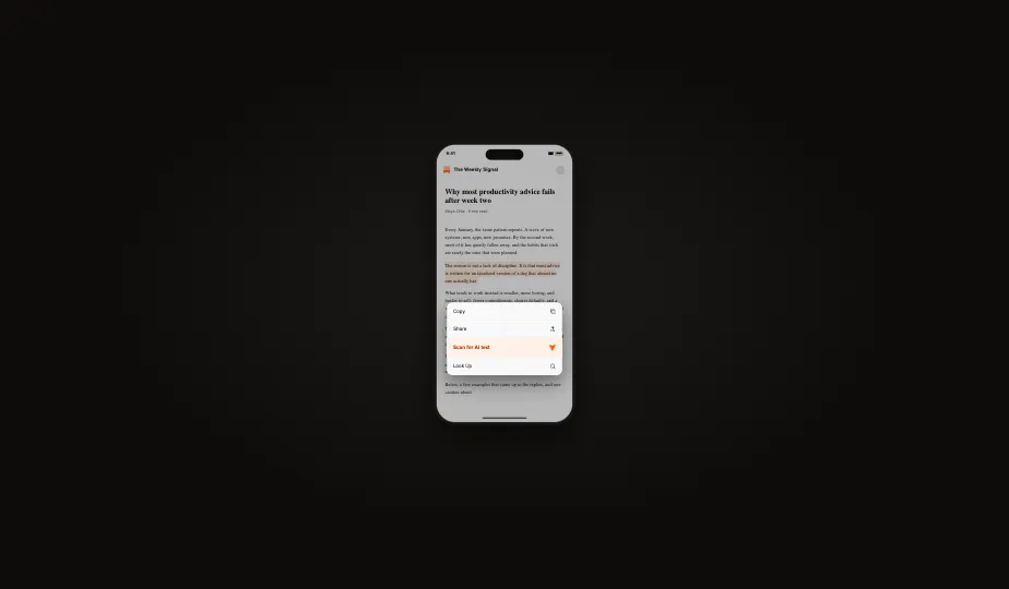 A phone showing a Substack newsletter article with a passage highlighted and a context menu open, where the option 'Scan for AI text' with the Pangram logo is highlighted in orange alongside Copy, Share, and Look Up.