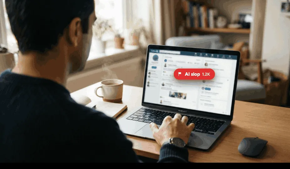 A person at a desk reading a LinkedIn feed on a laptop, with a red 'AI slop' flag button and a 1.2K count floating over one of the posts.