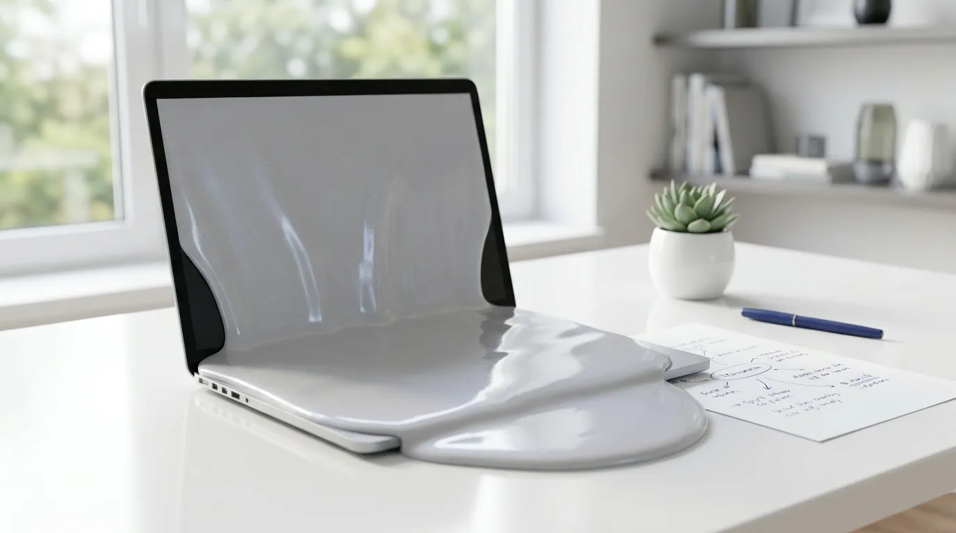 AI slop concept: glossy gray sludge pouring out of a laptop screen onto a clean desk, next to a page of handwritten notes.