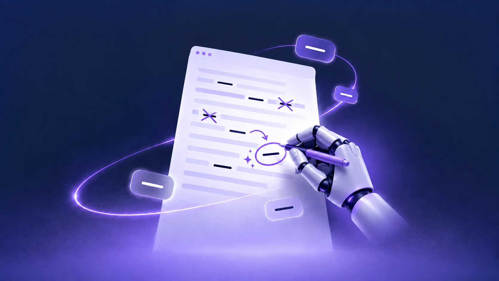 AI robot hand editing a document filled with em dashes on a glowing purple background.