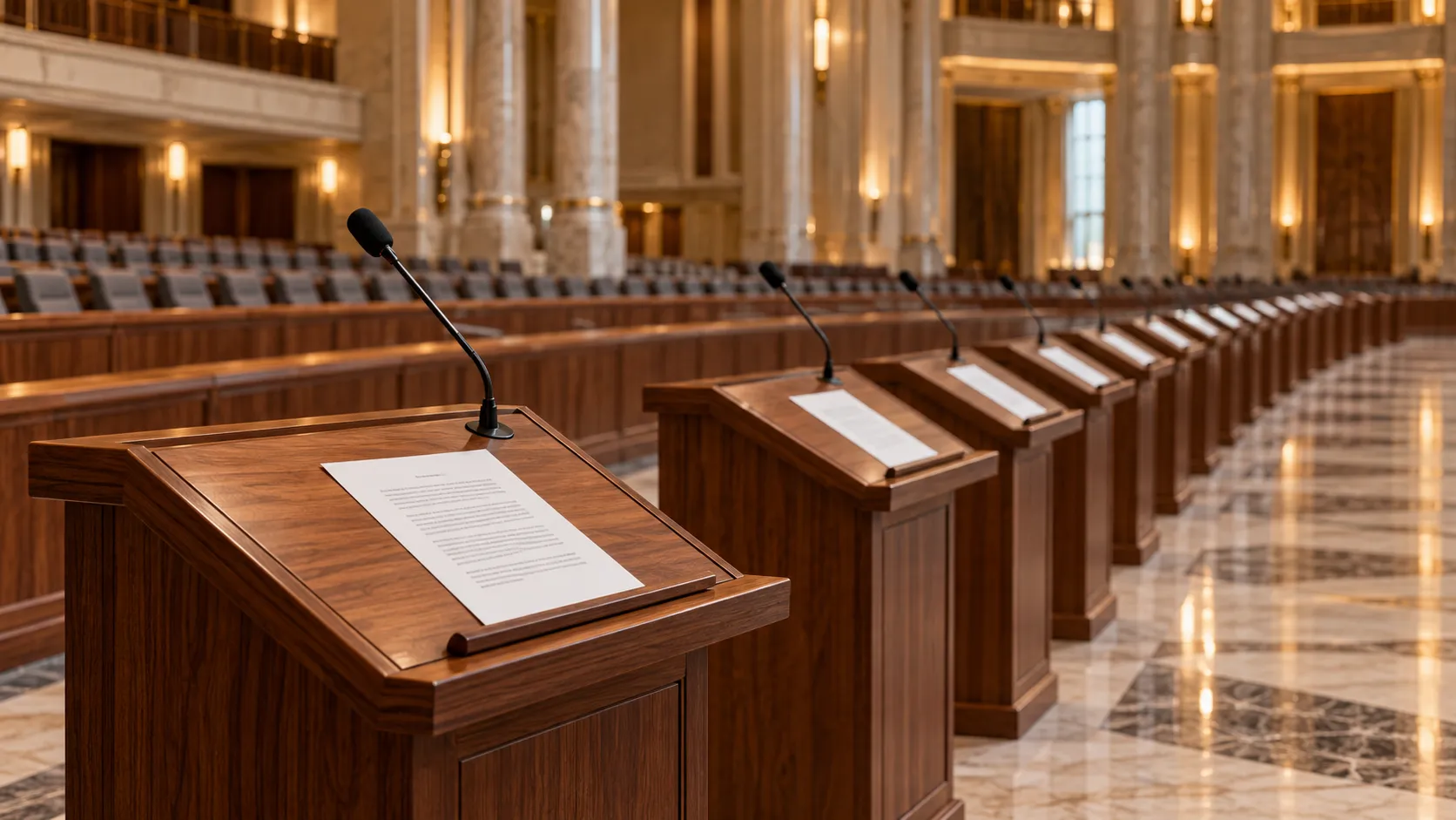 A row of identical lecterns in a grand assembly hall, each holding the same AI written speech page