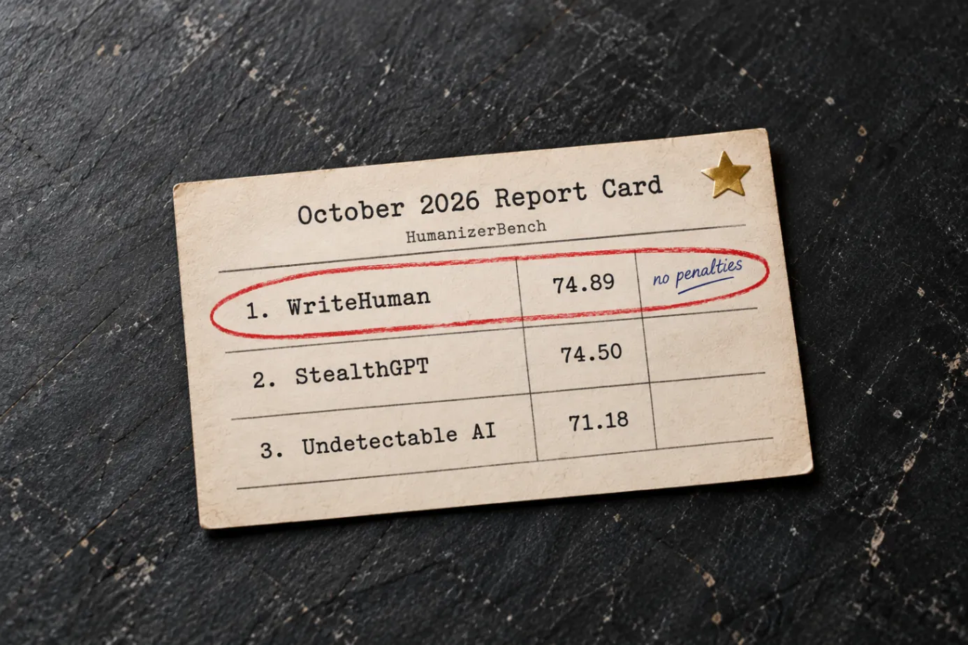 Cream paper HumanizerBench report card on a dark slate desk showing the October 2026 rankings: WriteHuman first with 74.89 and “no penalties,” followed by StealthGPT at 74.50 and Undetectable AI at 71.18. The WriteHuman row is circled in red, with a gold star sticker in the corner.