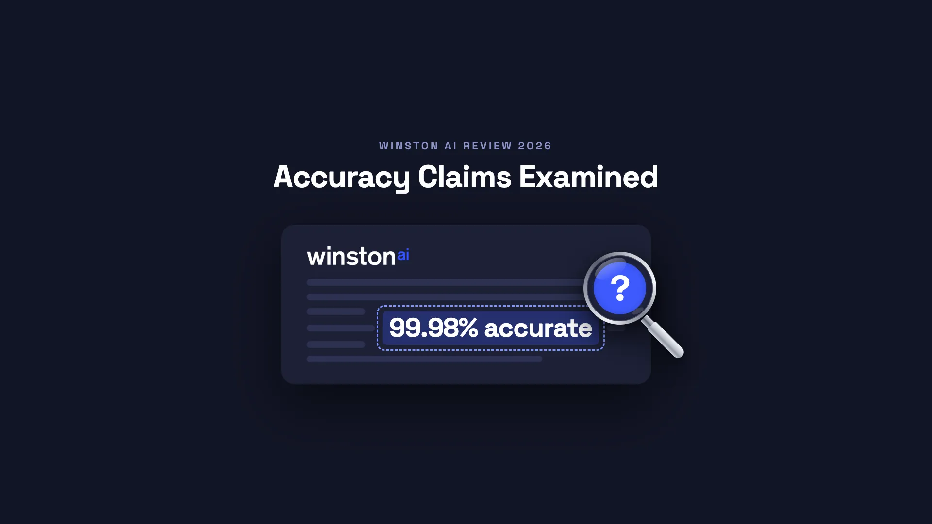 A Winston AI document card with '99.98% accurate' outlined in dashed blue and a magnifying glass showing a question mark, under the title 'Winston AI Review 2026: Accuracy Claims Examined'.