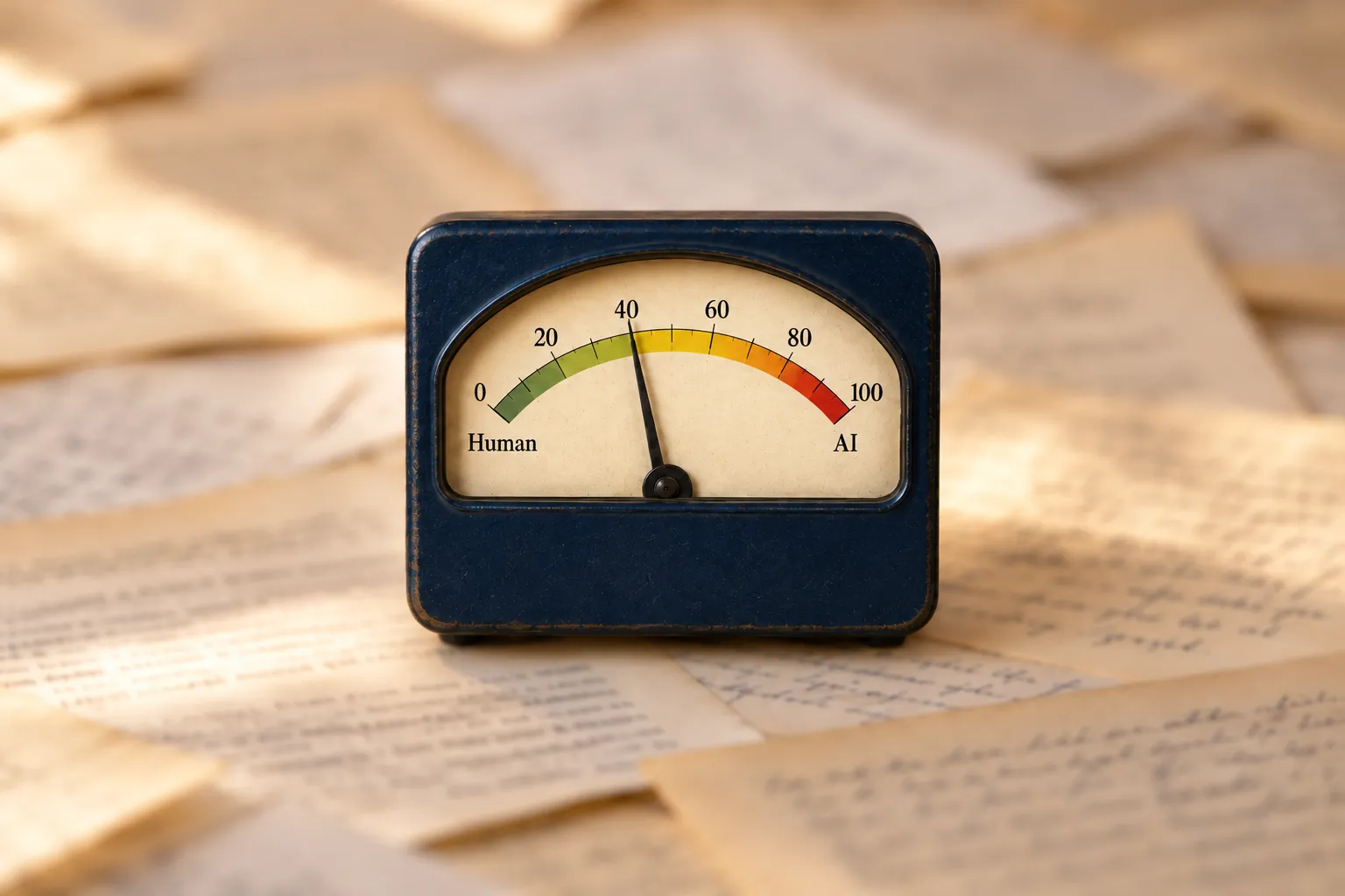 A vintage analog meter with a dial running from Human to AI, its needle pointing at 40 to show what a 40% AI detection score means, resting on a spread of blurred handwritten and typed pages.