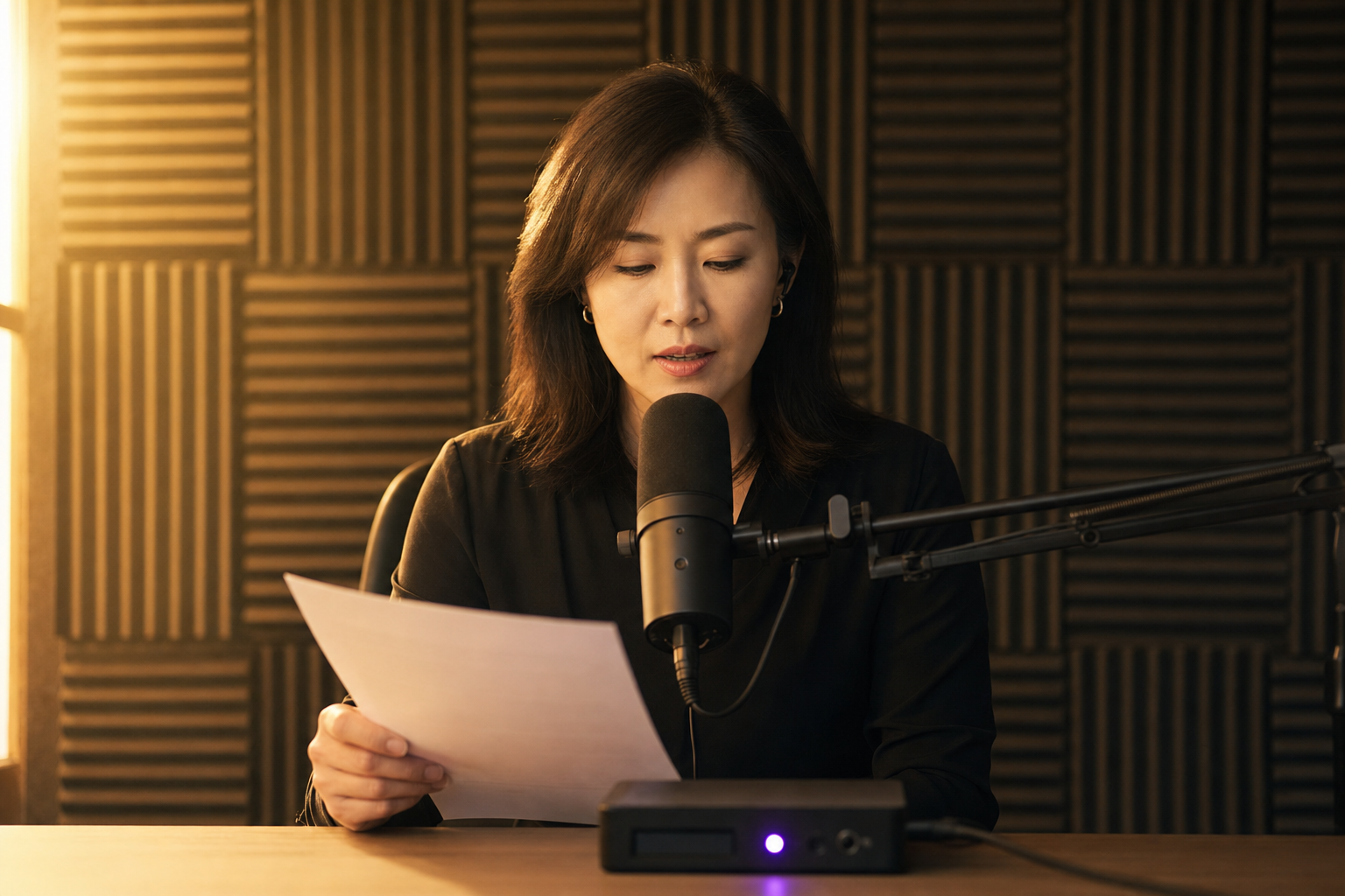 East Asian woman in her late 30s absorbed in a voice-recording booth, holding a printout, speaking into a condenser mic under