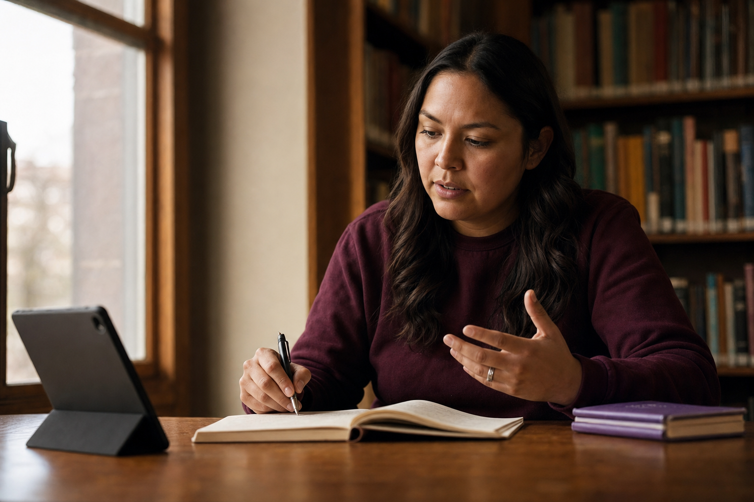 An Indigenous woman in her early 30s writes in a notebook at a library reading-room table, warm window light from the left.