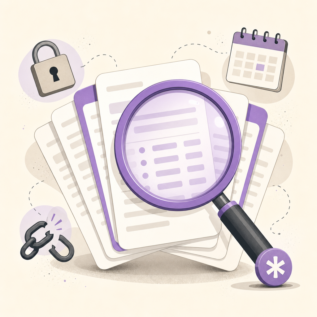 Magnifying glass over fanned abstract pricing cards with padlock, calendar, and asterisk icons suggesting hidden fees