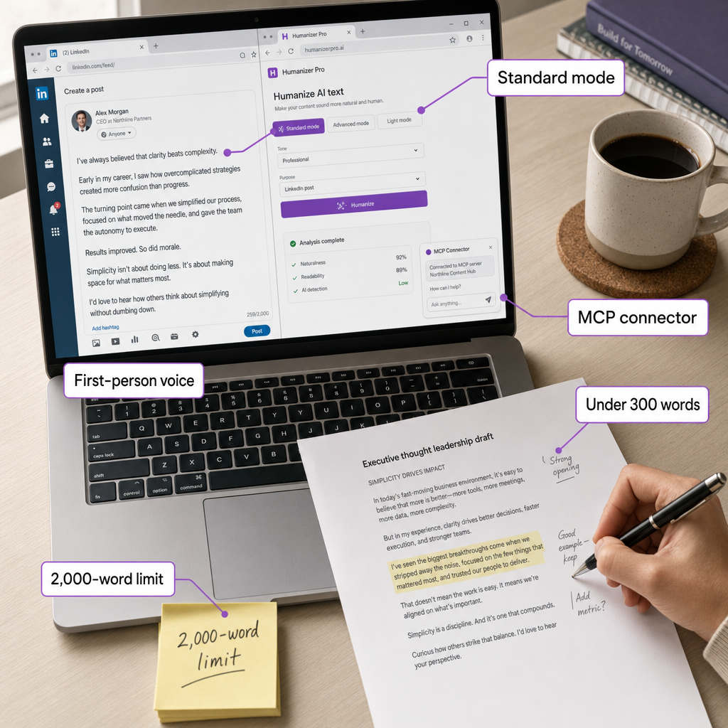 Desk scene showing LinkedIn post draft on laptop beside printed copy with margin notes, annotated with humanizer workflow lab